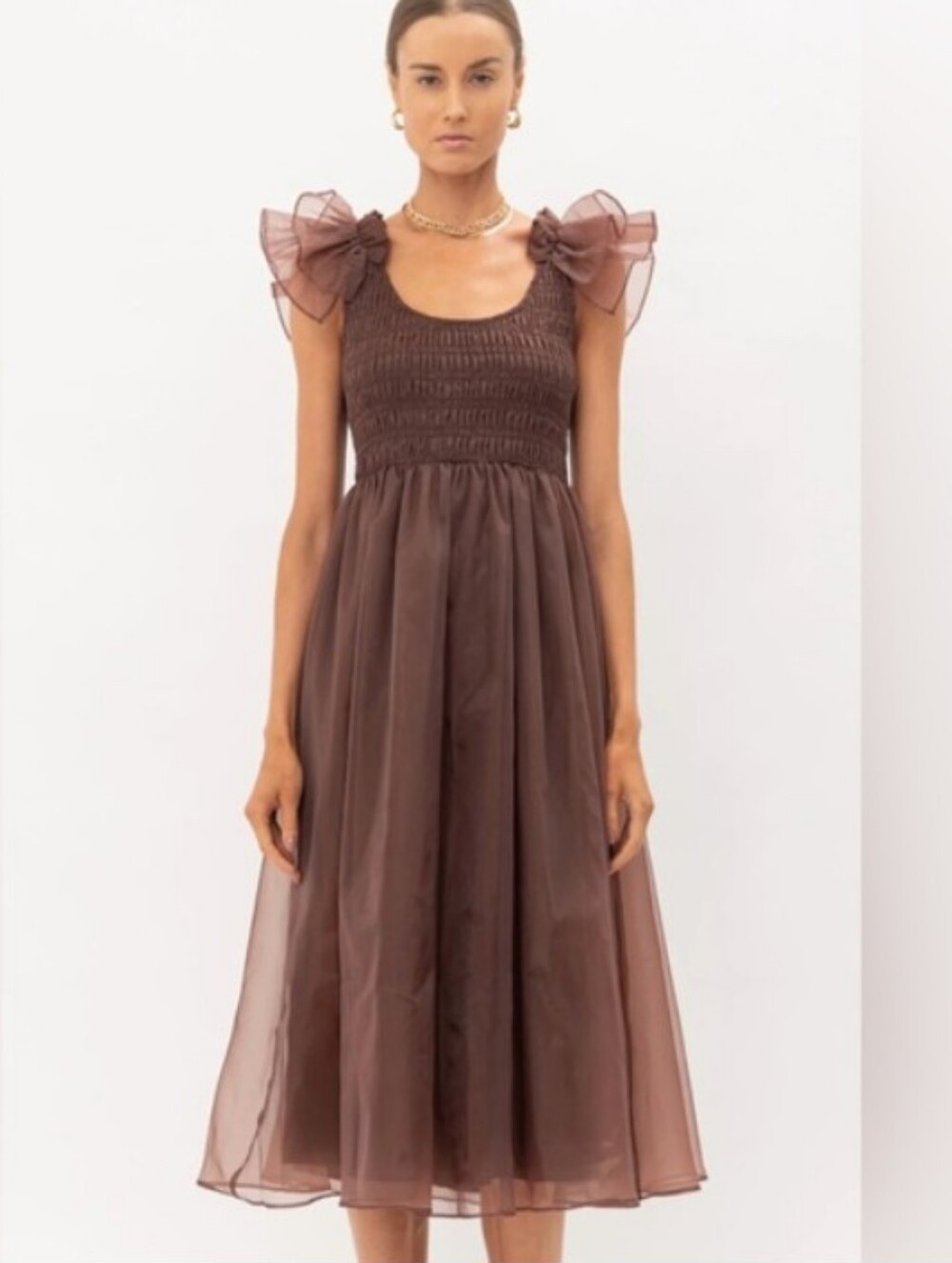 Sheer Organza Brown Midi Dress with Bow Shoulders